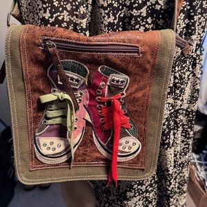 Brown and Green Crossbody Bag with Sneaker Design